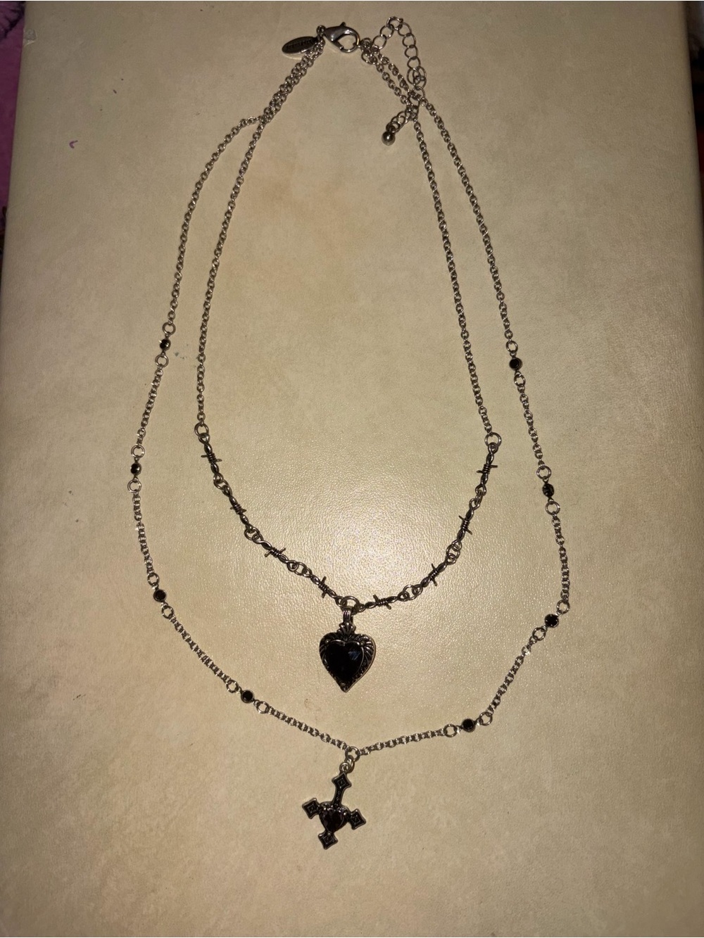 Silver-Tone Double Layer Purple Heart & Cross Pendant Necklace - Women Jewelry
